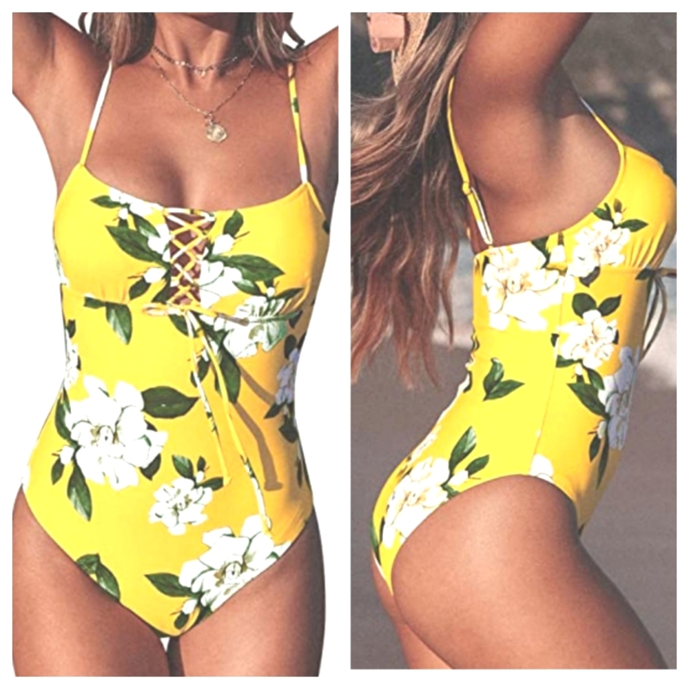 CUPSHE WOMEN'S 1PC  LACE UP YELLOW FLORAL PRINT SWIMSUIT SIZE XSMALL
